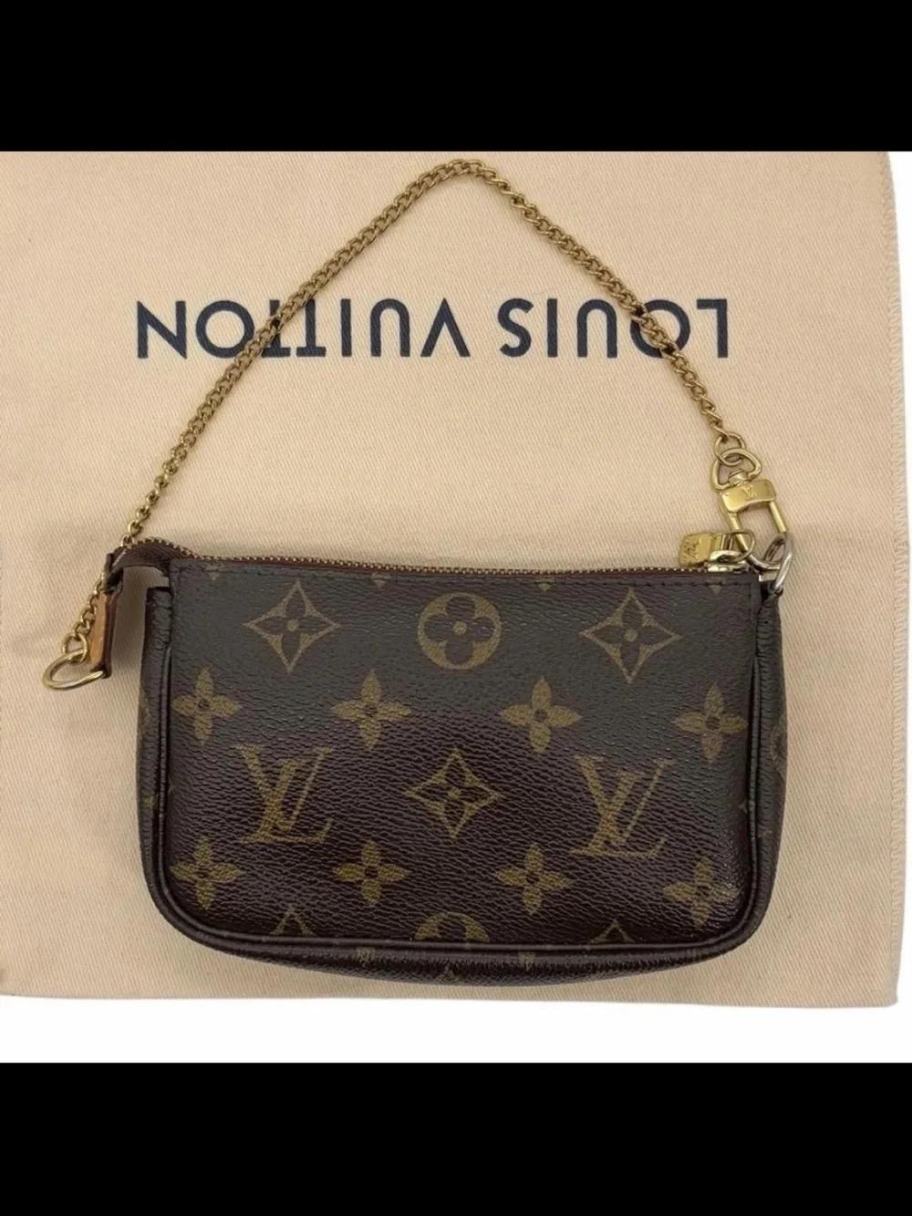 Louis Vuitton Monogram Mini Pochette in Brown with Gold Chain Strap